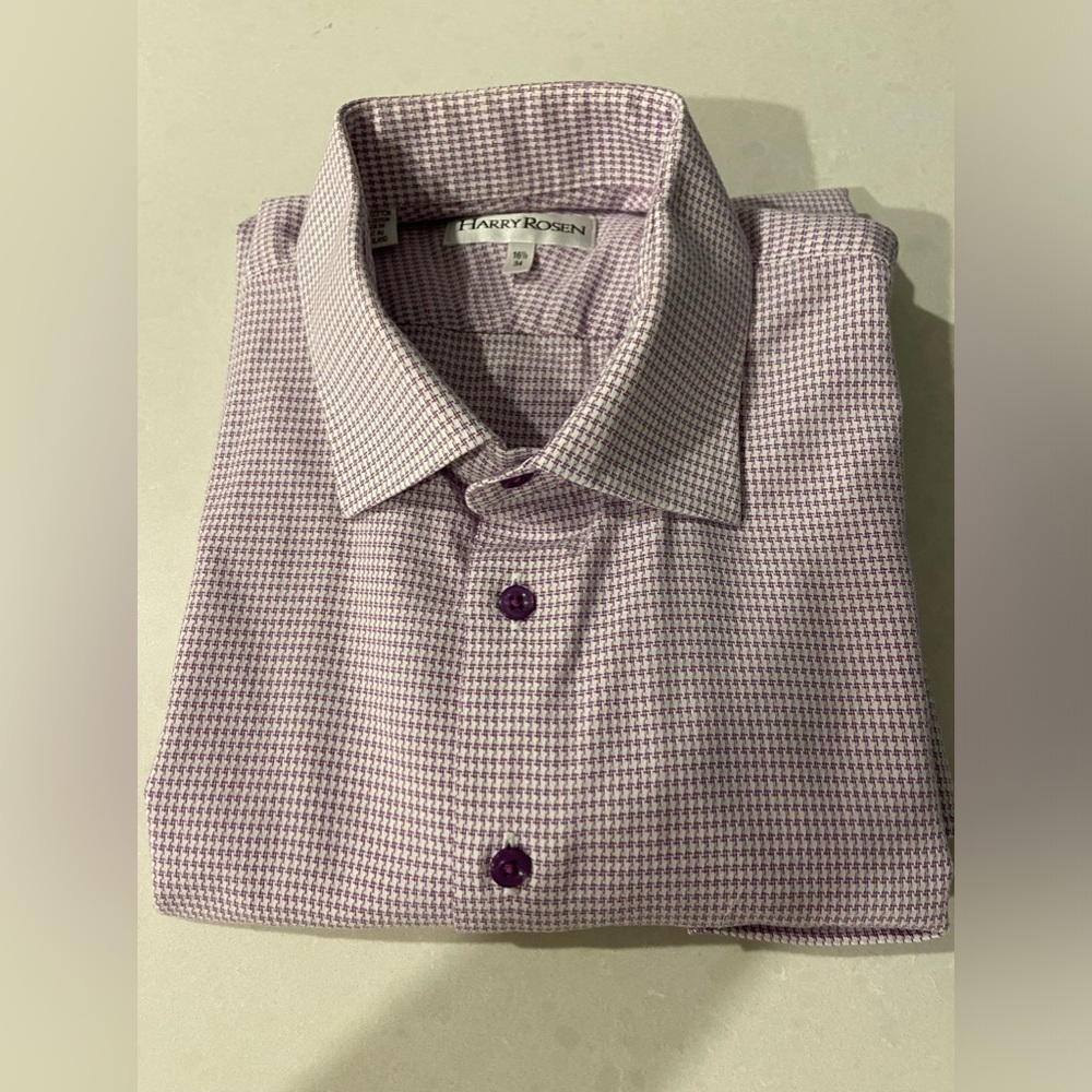 Men’s Harry Rosen Purlple Houndstooth Long Sleeve Dress Shirt Sz Large Neck 16.5